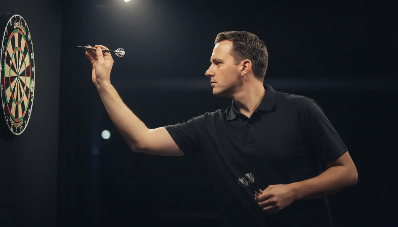 Dartspeler mikt op het bord met drie pijlen in de hand