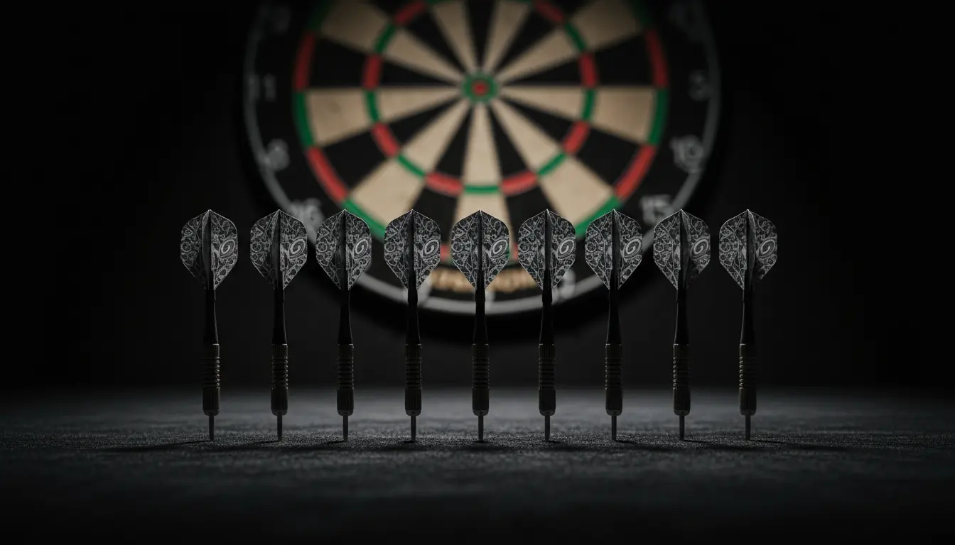 Negen darts pijlen gerangschikt naast een dartbord