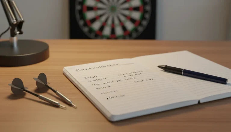 Notitieboekje met budgetplanning en dartpijlen op bureau