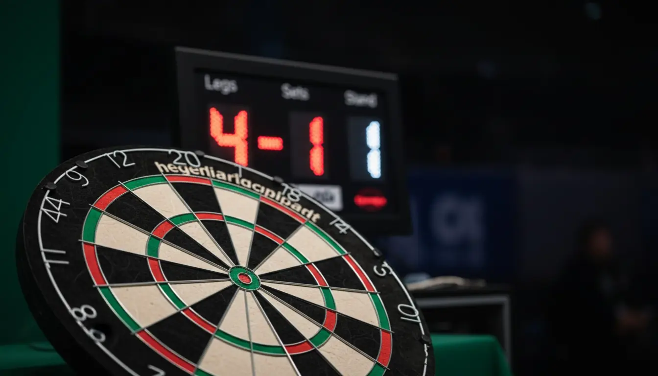 Dartbord met scorebord dat een ongelijke stand toont