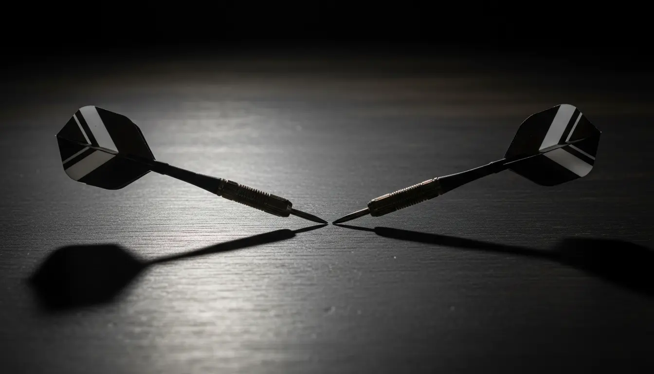 Twee dartpijlen tegenover elkaar op tafel