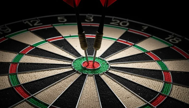 Dartbord met bullseye in focus en dramatische verlichting