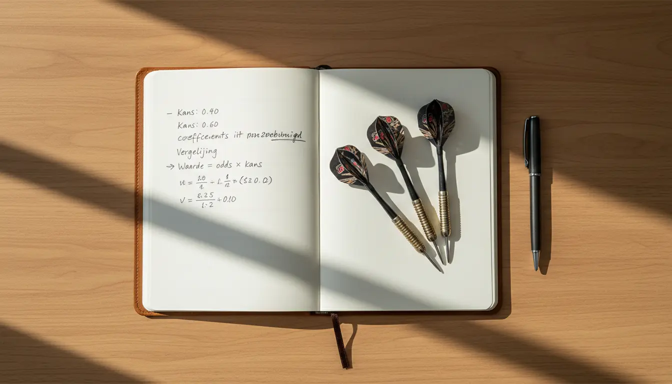 Notitieboek met berekeningen naast een dartbord