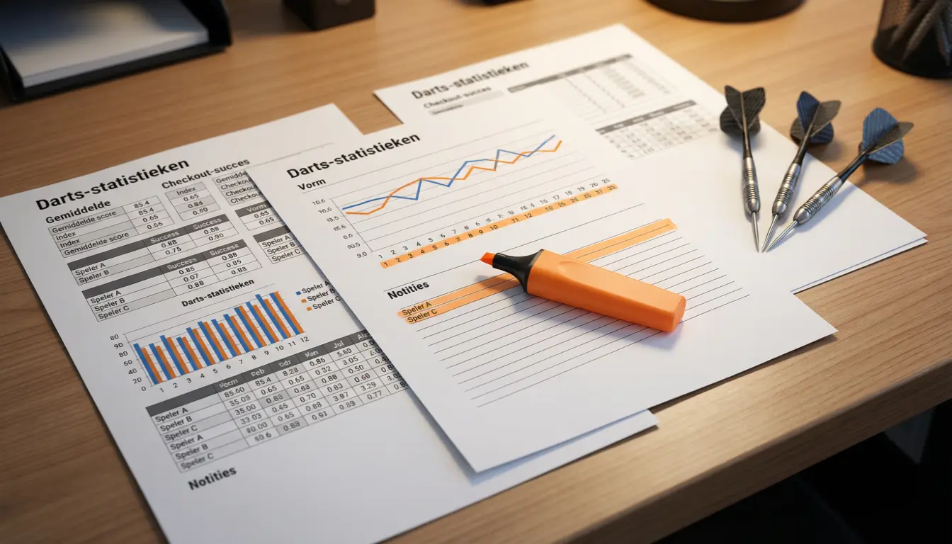 Papieren documenten met darts statistieken en staafdiagrammen