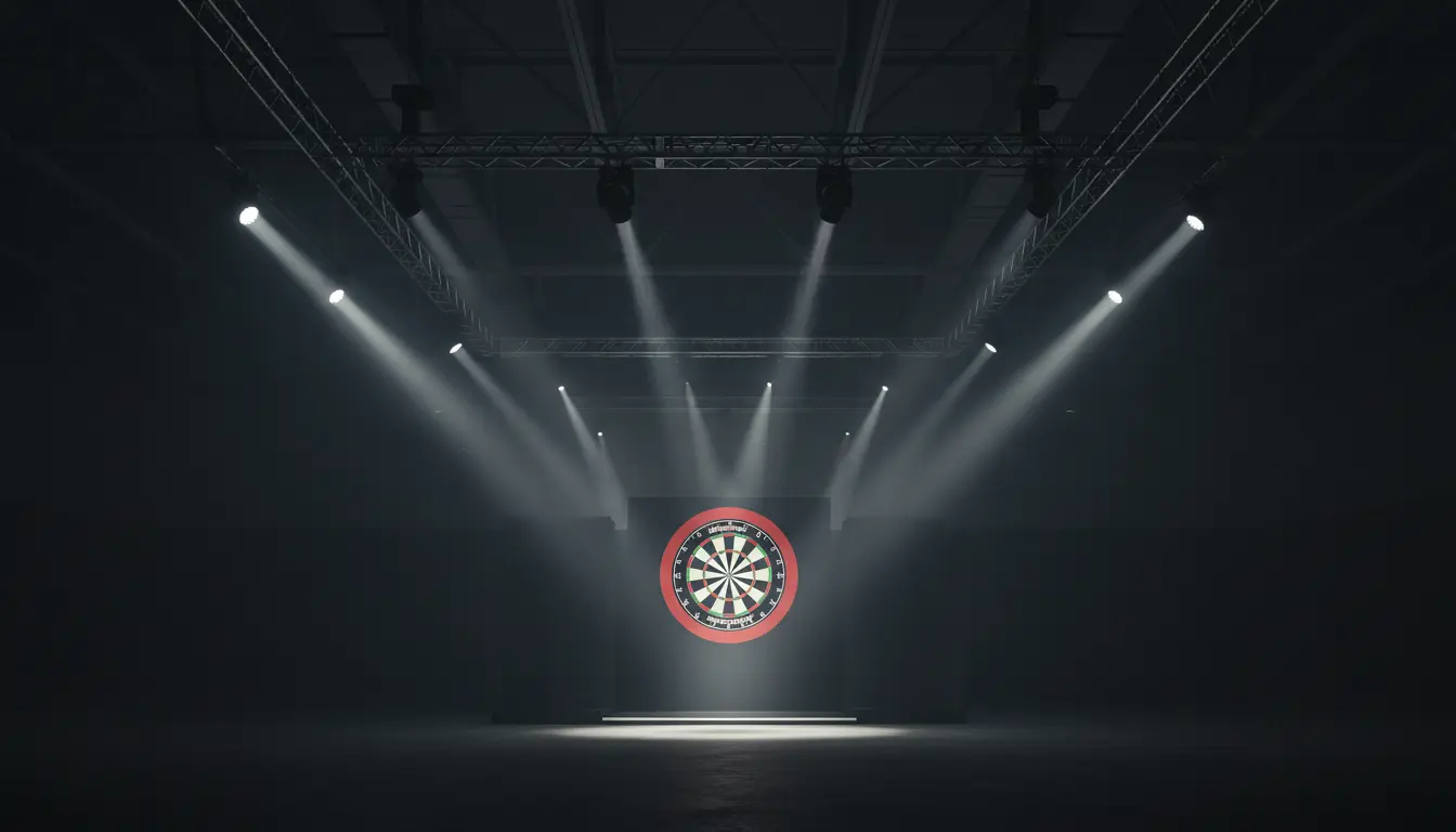 Dartbord met spotlights in professionele toernooizaal