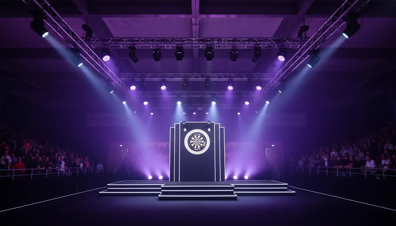 Professioneel darts podium met spotlights en publiek