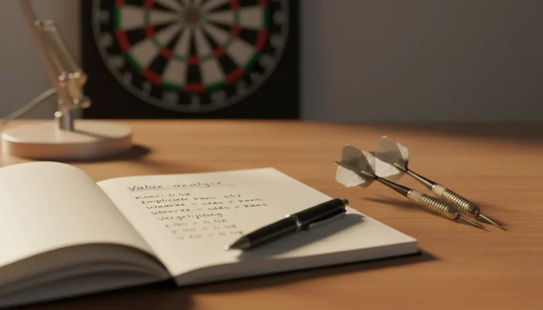 Notitieboekje met handgeschreven berekeningen en dartpijlen