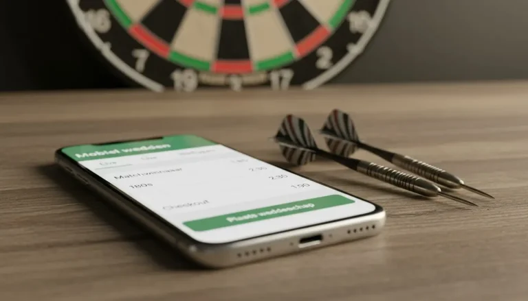 Smartphone met dartpijlen ernaast op tafel
