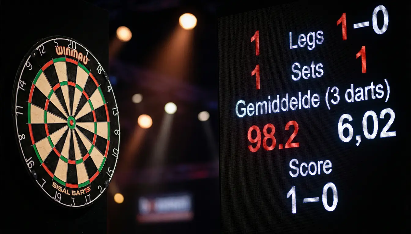 Dartbord met scorebord en weddenschapopties op de achtergrond