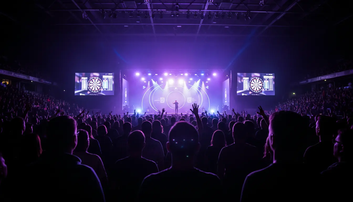 Dartspeler in actie tijdens een live televisiewedstrijd met publiek