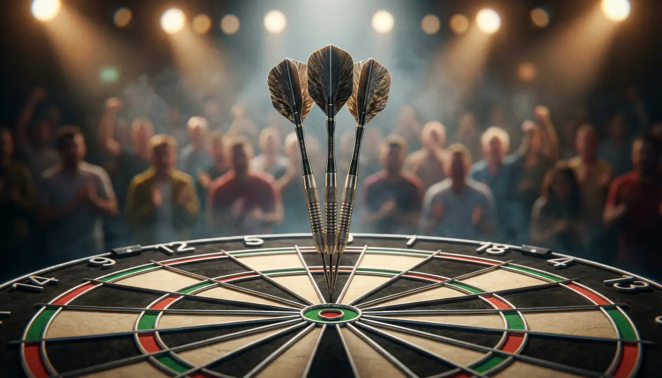Dartspeler tijdens live wedstrijd met publiek op de achtergrond