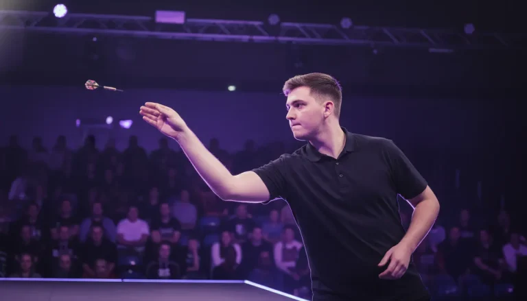 Jonge professionele dartspeler met concentratie op het podium