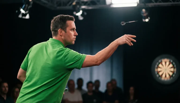 Professionele dartspeler gooit pijlen op het podium