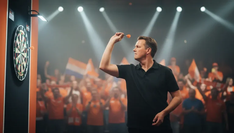 Professionele dartspeler op podium met oranje supporters