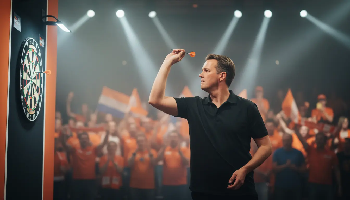 Professionele dartspeler op podium met oranje supporters
