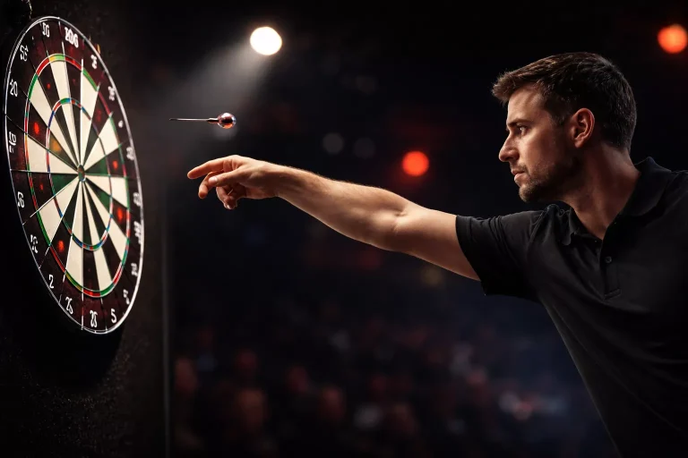 Dartspeler gooit pijl naar dartbord tijdens wedstrijd