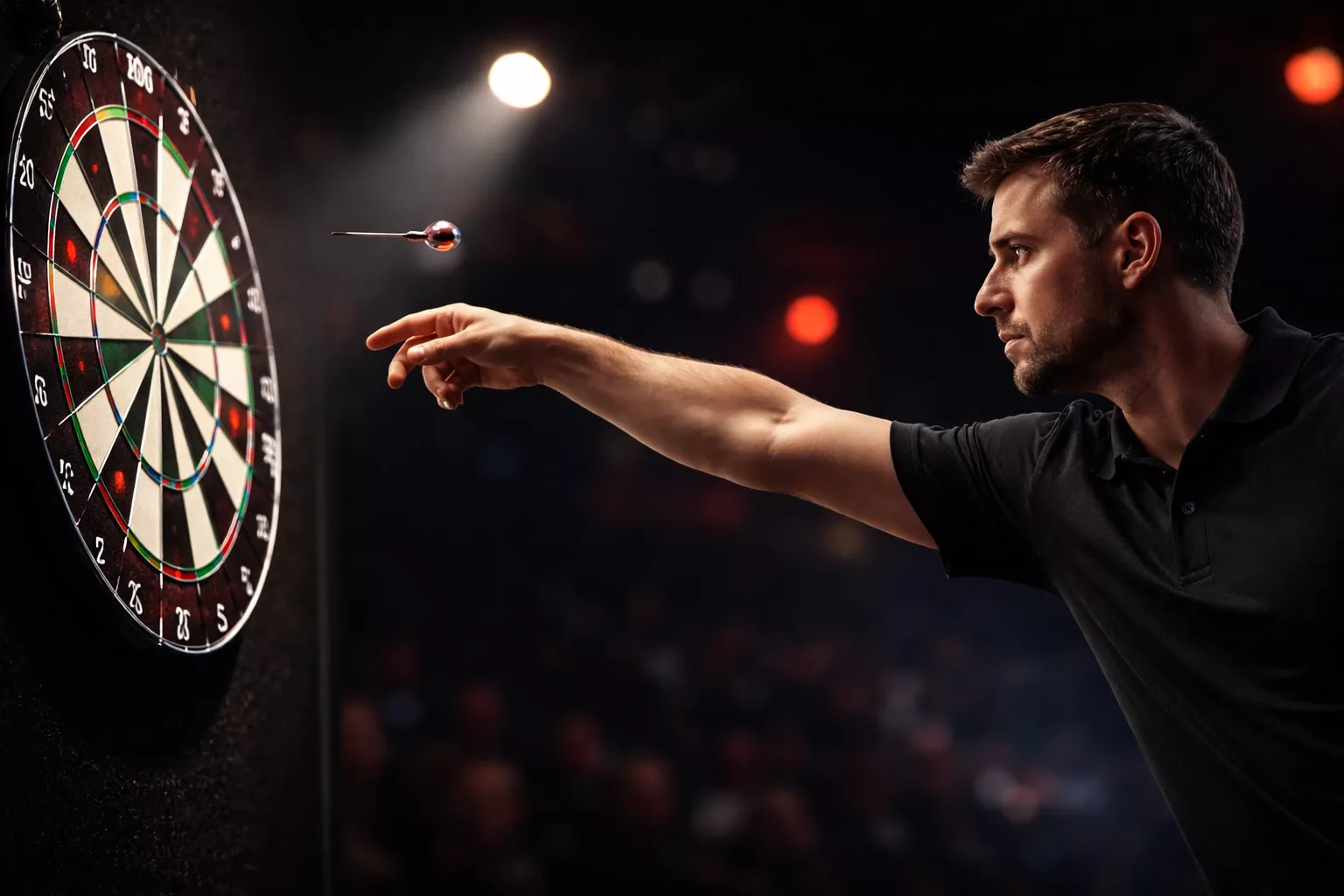 Dartspeler gooit pijl naar dartbord tijdens wedstrijd