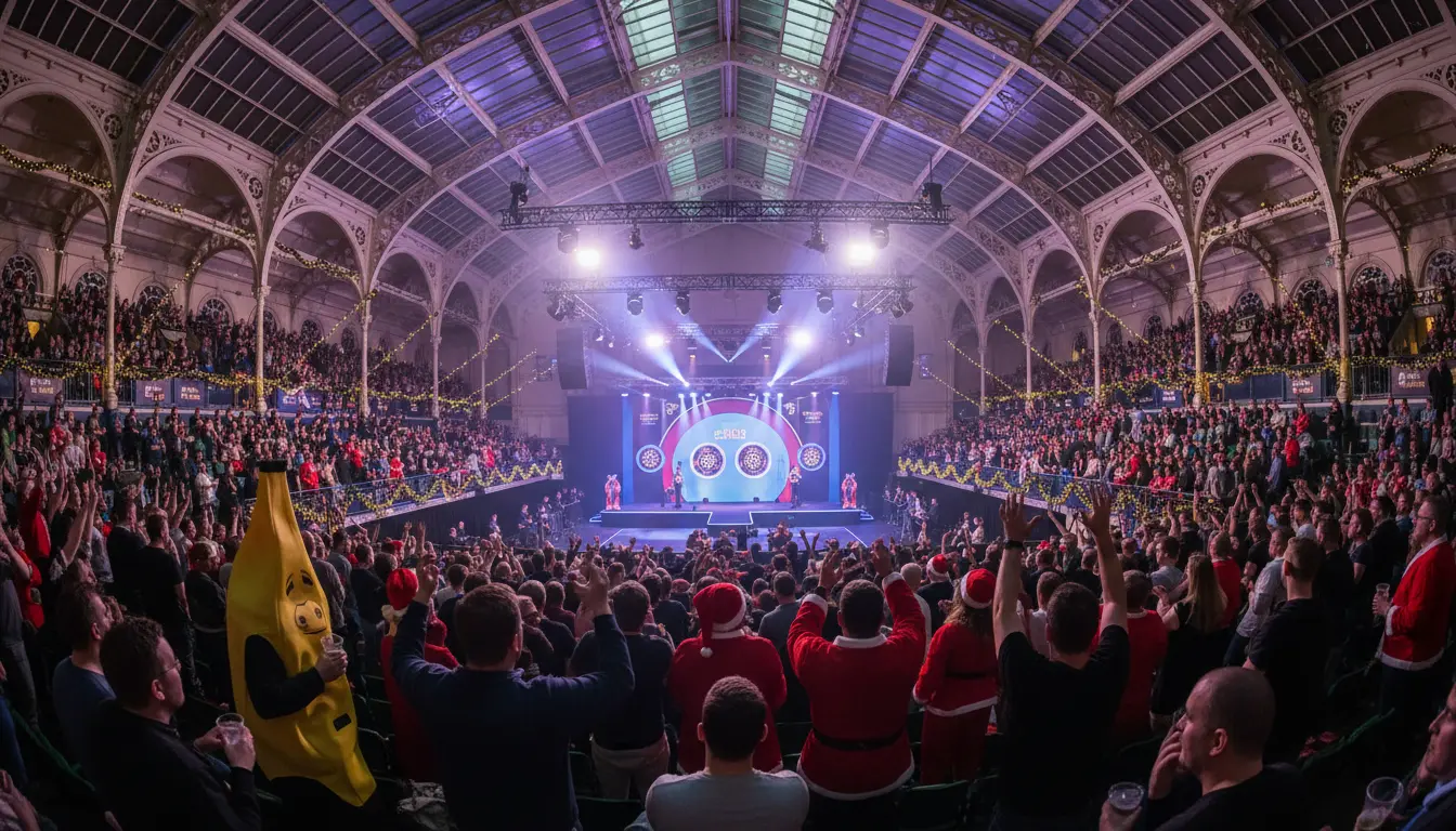 Alexandra Palace tijdens het WK Darts met volle tribunes
