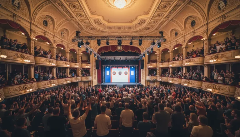 Historisch theater interieur met darts podium en publiek